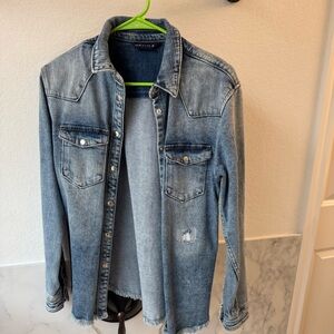 Distressed Denim Button-Up Shirt